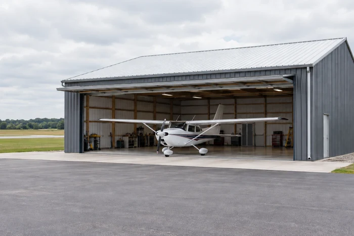 Small aircraft hangar with an open wide door and a single-engine airplane.