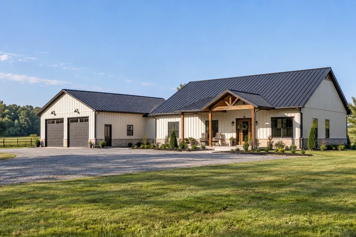 Single-story barndominium with a covered porch and attached garage wing.