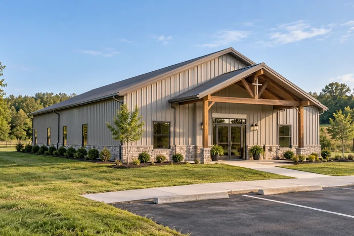 Community building with a sheltered entrance and a level pedestrian walkway.