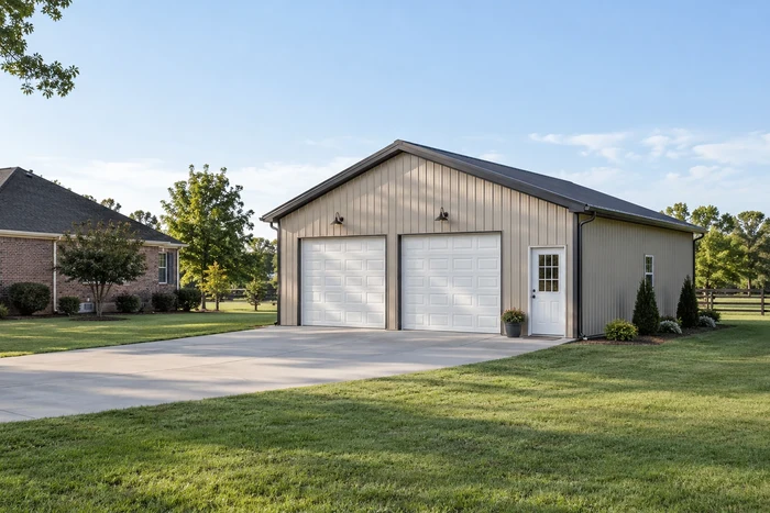 Two-car detached garage with overhead doors beside a brick home.