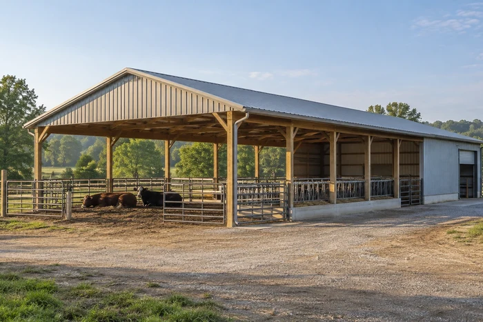 Open-sided livestock barn with sheltered cattle and a separate handling route.