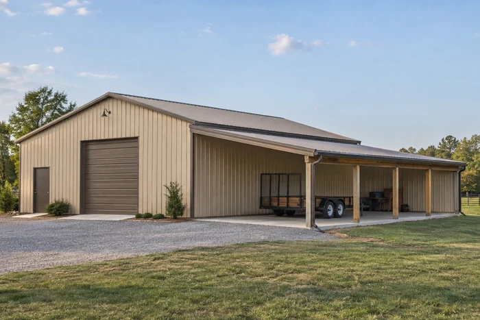 Existing pole barn with a matching side lean-to covering a utility trailer.