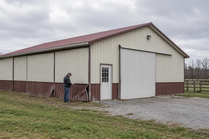 Technician inspecting localized siding and door-trim damage on an older pole barn.