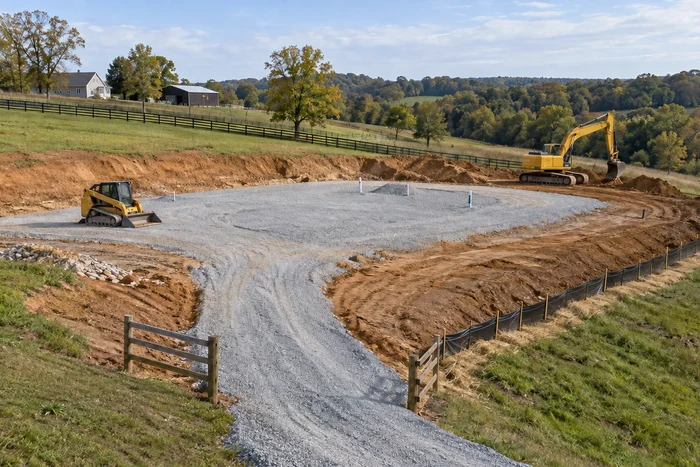 Excavation equipment preparing an aggregate building pad on a sloping property.