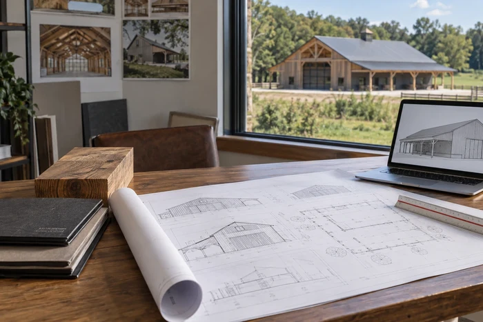 Post-frame building plans and material samples arranged on a design desk.