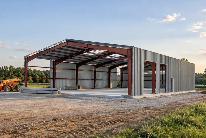 Steel portal-frame building during partial roof and wall cladding installation.