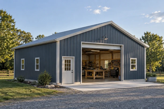 Detached workshop with side windows, an overhead door, and a concrete apron.