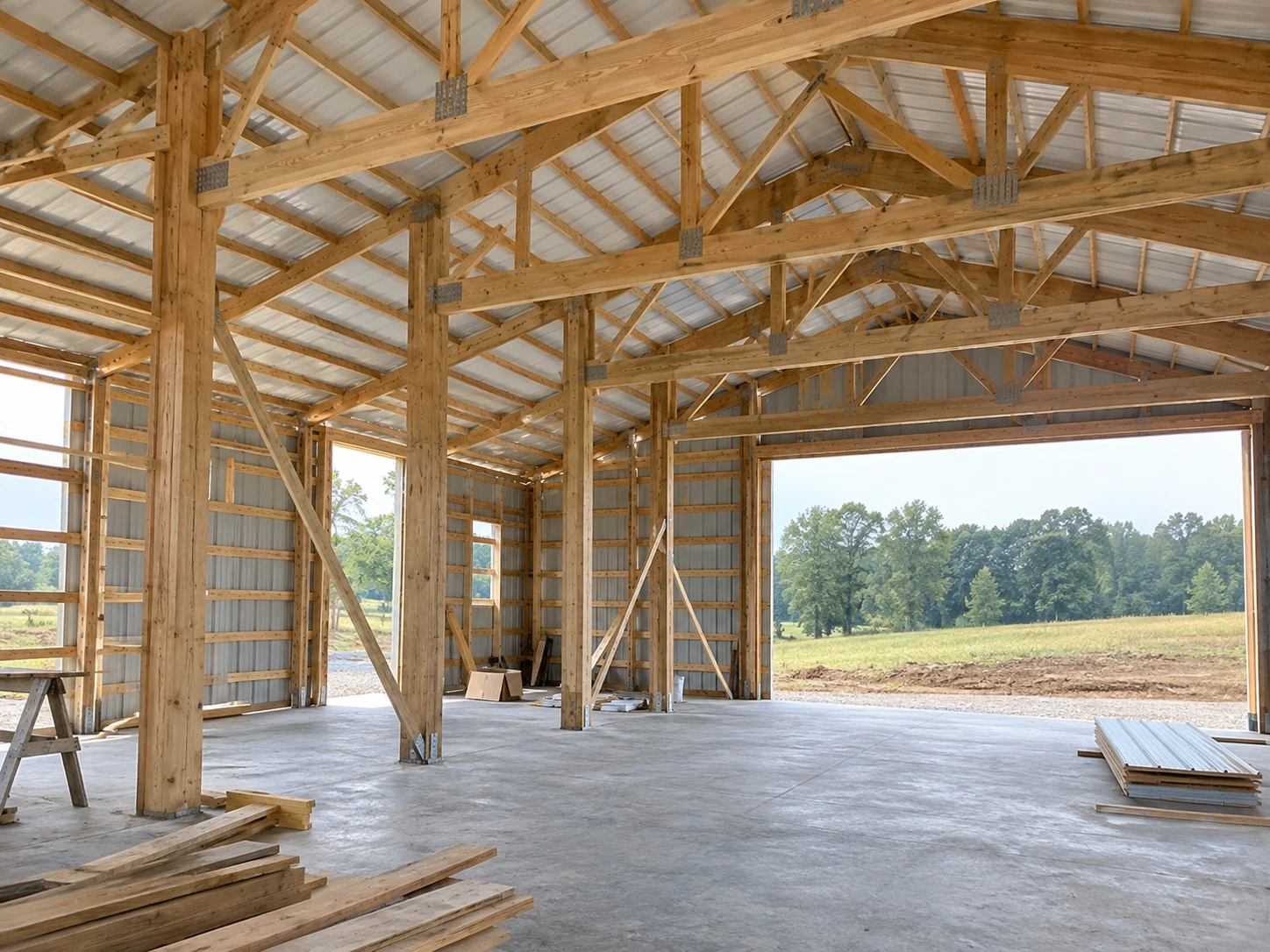 Timber columns and roof framing inside a post-frame building under construction.